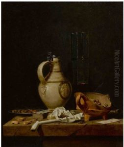 A still life with a stoneware jug, a glass of beer, playing cards and smokers' requisites