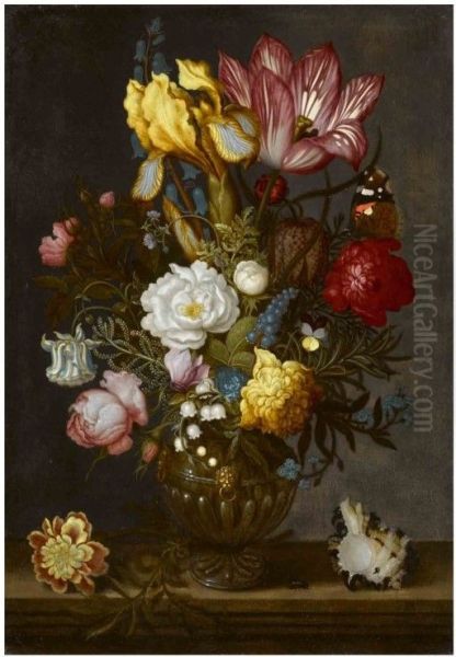 A still life of white and red roses, a tulip, anemones, a hyacinth, a pansy, lily-of-the-valley, and other flowers in an ornamented glass vase on a hard-stone ledge, with a shell, a bluebottle and a Red Admiral butterfly - view 1