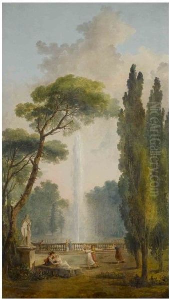View of a garden with a large fountain at center and figures relaxing and dancing in the foreground - view 1