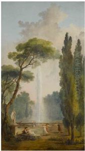 View of a garden with a large fountain at center and figures relaxing and dancing in the foreground by Hubert Robert