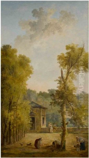View of a walled garden courtyard, with a woman feeding chickens and other figures in the foreground - view 1