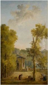 View of a walled garden courtyard, with a woman feeding chickens and other figures in the foreground