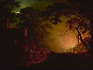 A cottage on fire at night
