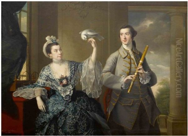 Mr. and Mrs. William Chase, three-quarter length, in an interior by a window, the latter holding a bird - view 1