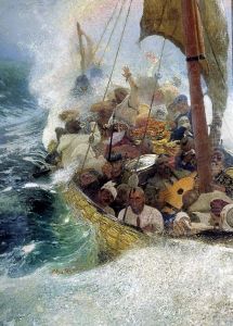 Cossacks on the Black Sea.Zaporozhian Cossacksin a"chaika"boat during a storm by Repin Iliya