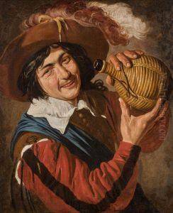 A YOUNG MAN, WEARING A FEATHERED HAT AND HOLDING A WINE FLASK