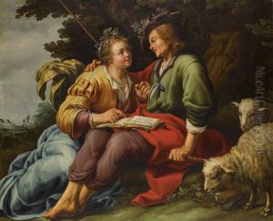 A SHEPHERD AND SHEPHERDESS WITH A SONGBOOK IN A LANDSCAPE, THEIR FLOCK BESIDE THEM by Aelbert Jansz. van der Schoor