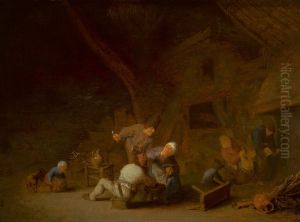 INTERIOR OF A BARN WITH PEASANTS CAROUSING ('THE SENSE OF SMELL') by Adriaen van Ostade