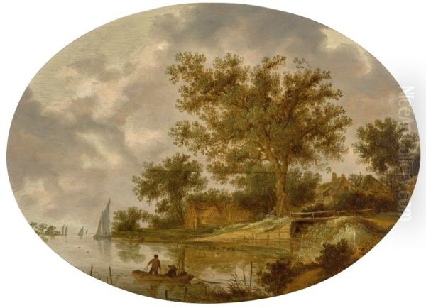 RIVER LANDSCAPE WITH FARM BUILDINGS, AND FIGURES IN A ROWING BOAT WITH A FISHING NET - view 1