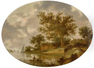 RIVER LANDSCAPE WITH FARM BUILDINGS, AND FIGURES IN A ROWING BOAT WITH A FISHING NET by Frans de Hulst