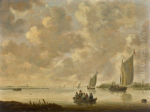 A RIVER LANDSCAPE WITH FIGURES IN A ROWING BOAT