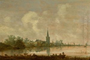 RIVER LANDSCAPE WITH A VILLAGE AT THE WATER'S EDGE, CATTLE AND FIGURES IN THE FOREGROUND