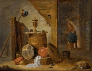A BARN INTERIOR WITH A STILL LIFE OF KITCHEN UTENSILS, A DOG, AND FIGURES BY A FIREPLACE BEYOND by David Teniers the Younger