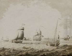 RIVER ESTUARY WITH SAILING SHIPS, FISHING BOATS, AND A ROWING BOAT IN THE FOREGROUND by Adriaen Van Salm