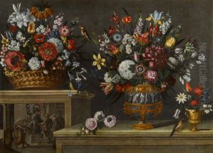 STILL LIFE WITH A BASKET OF FLOWERS ON A RAISED LEDGE, AND ONE LARGE AND ONE SMALLER VASE OF FLOWERS ON A LOWER LEDGE by Master of the grotesque vase