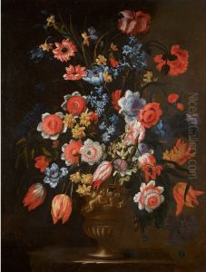 FLORAL STILL LIFES OF BOUQUETS OF FLOWERS IN SCULPTED URNS, UPON A LEDGE by Francesco Caldei