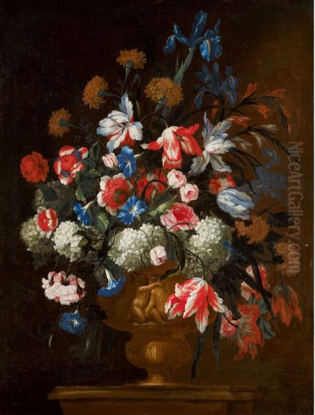 FLORAL STILL LIFES OF BOUQUETS OF FLOWERS IN SCULPTED URNS, UPON A LEDGE - view 1