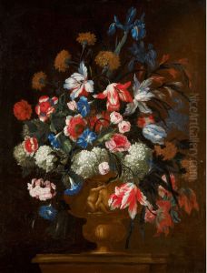FLORAL STILL LIFES OF BOUQUETS OF FLOWERS IN SCULPTED URNS, UPON A LEDGE by Francesco Caldei