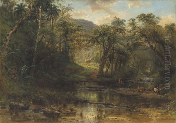 A Cuban landscape with drovers and cattle fording a stream - view 1