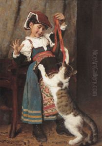 En lille Pige, staaende hel Figur i Bondedragt, leger med en Kat. by Peder Severin Kroyer
