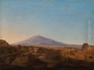 Popocatepetl volcano, Mexico, with travellers on a rocky road in the foreground by unknown