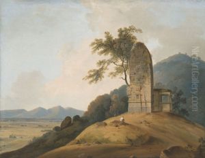 A ruined Hindu Temple on a rocky outcrop overlooking a valley, India by Thomas Daniell