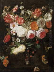 STILL LIFE WITH ROSES, TULIPS AND OTHER FLOWERS IN A VASE TOGETHER WITH BLACKBERRIES AND A MOTH