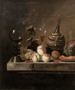 STILL LIFE WITH FRUIT, A WINE FLASK IN A BASKET AND A LARGE ROEMER by Jakob Bogdani