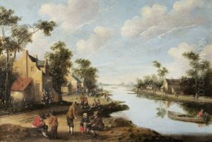 A RIVER LANDSCAPE WITH FIGURES RESTING NEAR AN INN