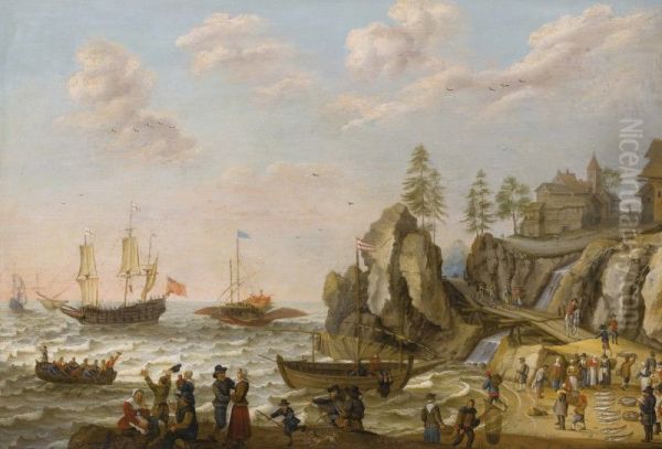 A COASTAL LANDSCAPE WITH A GALLEY, AN ENGLISH GALLEY FRIGATE, AND A ROWING BOAT IN CHOPPY WATERS - view 1