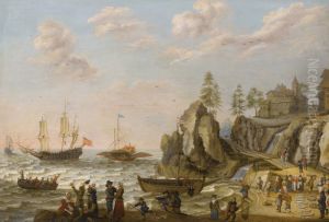 A COASTAL LANDSCAPE WITH A GALLEY, AN ENGLISH GALLEY FRIGATE, AND A ROWING BOAT IN CHOPPY WATERS