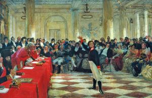Alexander Sergeyevich Pushkin recites his poem before Gavrila Derzhavin during the Tsarskoye Selo Lyceum exam on January 8th, 1815 by Repin Iliya