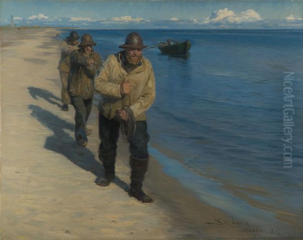 Three Fishermen Pulling a Boat. - view 1