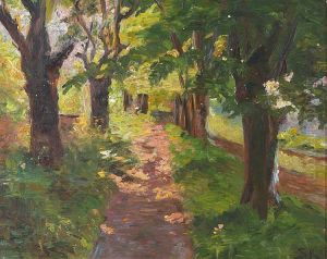 Sollys gennem traeer i Skagen Plantage. by Peder Severin Kroyer