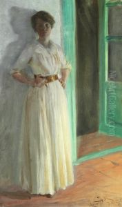 Marie Kroyer. Full-length portrait. Evening with lamplight on the terrace