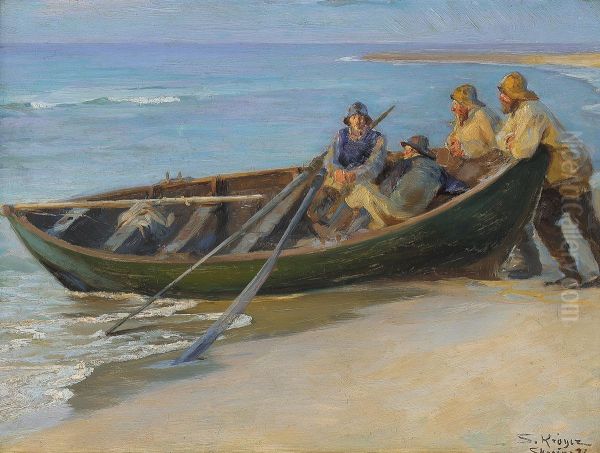 Skagen North Beach. A green boat at the water edge. Two fishermen sitting in the boat, the leaning on the rails. In the boat a pike pole and two oars. - view 1