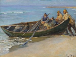 Skagen North Beach. A green boat at the water edge. Two fishermen sitting in the boat, the leaning on the rails. In the boat a pike pole and two oars. by Peder Severin Kroyer
