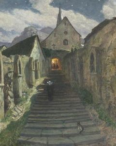 Mondschein in Alken an der Mosel. Nachtlicher Treppenaufgang zur Michaeliskapelle.