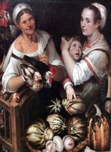 Two market women and a boy with chicken and vegetables Two market women and a boy with chicken and vegetables