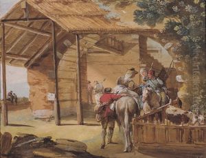 Scene with women on horseback in a cottage by Giuseppe Bernardino Bison