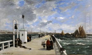 Spazierganger auf der Seebrucke von Trouville-sur-Mer by Joseph Alfred Bellet du Poisat