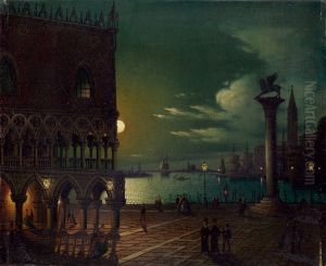 S. Mark's place in Venice at Moonlight by Ippolito Caffi