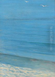 Study of a beach with a couple of terns in the air, and a strip of sand with footprints. Slightly hazy. Study of a beach with a couple of terns in the air, and a strip of sand with footprints. Slightly hazy.