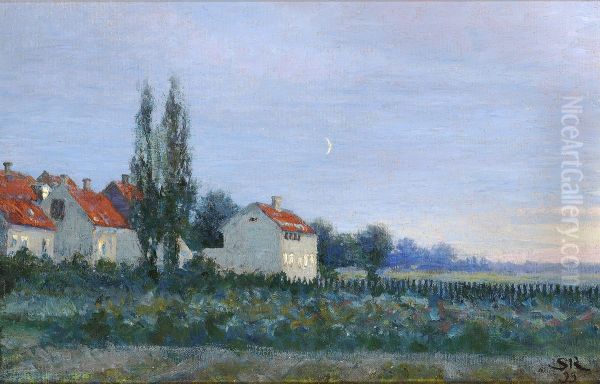 Evening scene with houses and poplars. - view 1