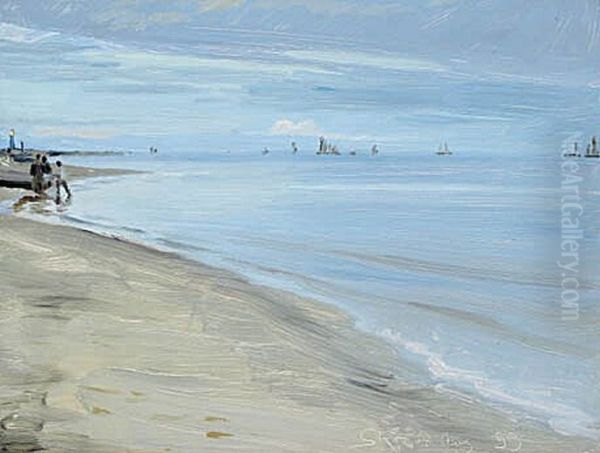 Beach scene from Skagen. Fishermen standing at a boat. The lighthouse is lit. - view 1