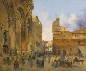 Florence, A View of the Piazza della Signoria with the Loggia dei Lanzi at Left by Ippolito Caffi