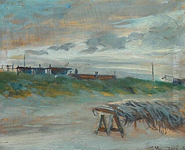 Skagen Sonderstrand on a June evening with cloudy weather. Fishing nets in front. - view 1