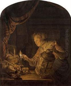 Femme Allumant Une Lampe by Cornelis Buys