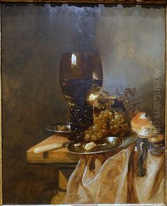 A Roemer with Grapes, a Pewter Plate and a Roll