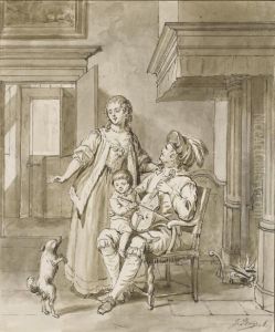 Un Musicien Avec Son Violon Et Un Petit Garcon Sur Ses Genoux, Une Femme Derriere Lui Regardant Un Chien by Jacob Buys